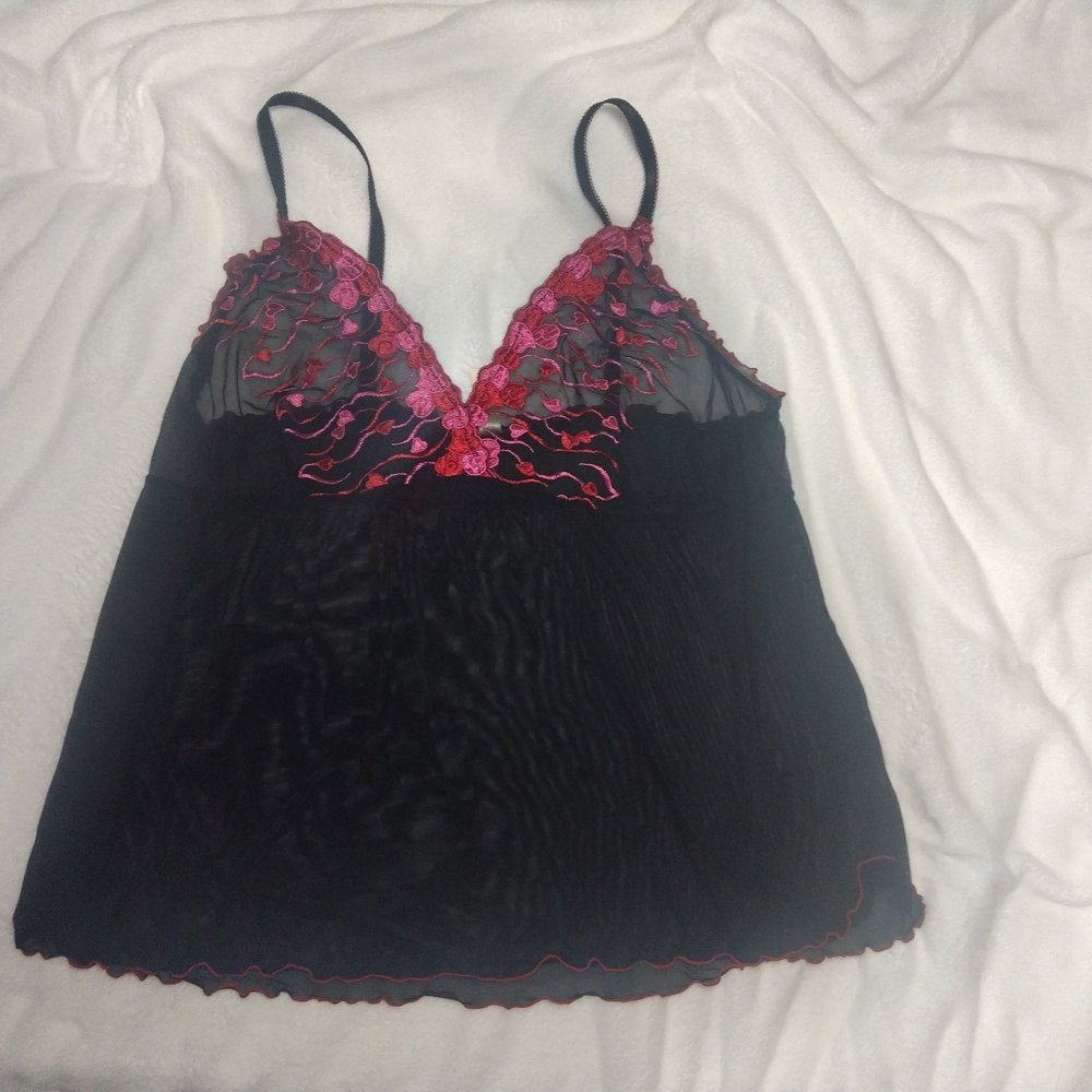 Cacique Black Chemise with Pink Embroidery